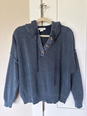 Natural Reflections Slate Blue Buttoned Henley Crewneck Sweater